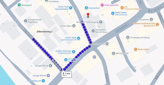Ausschnitt Google Maps - Route Beundenweg 2 nach Schulweg 2